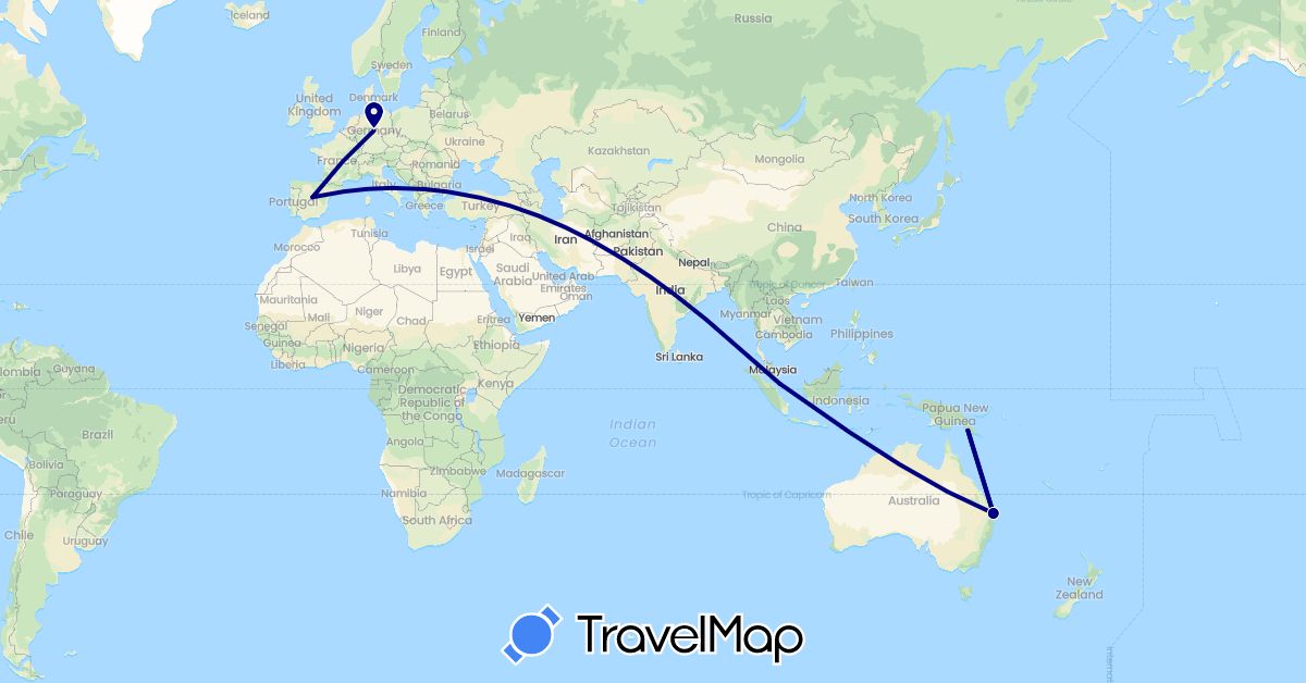 TravelMap itinerary: driving in Australia, Germany, Spain, Papua New Guinea, Singapore (Asia, Europe, Oceania)